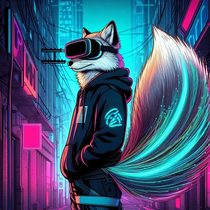 Future Fox with VR googles and a tail made from fibre optic strands, lit with a cyan, almost teal, light.